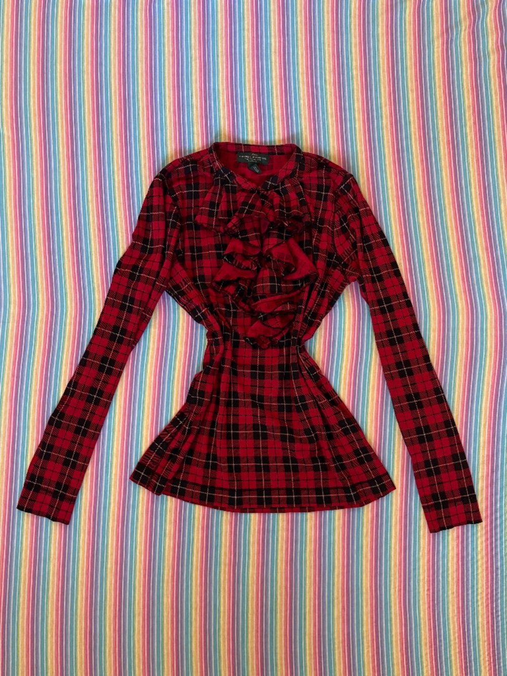 Vintage LRL Ralph Lauren Red and Black Tartan Plaid Ruffle Top Size Petite Small